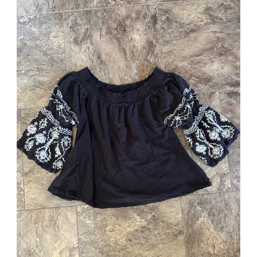Free People Embroidered Off Shoulder‎ Top Bell Sleeve Blouse Black XS